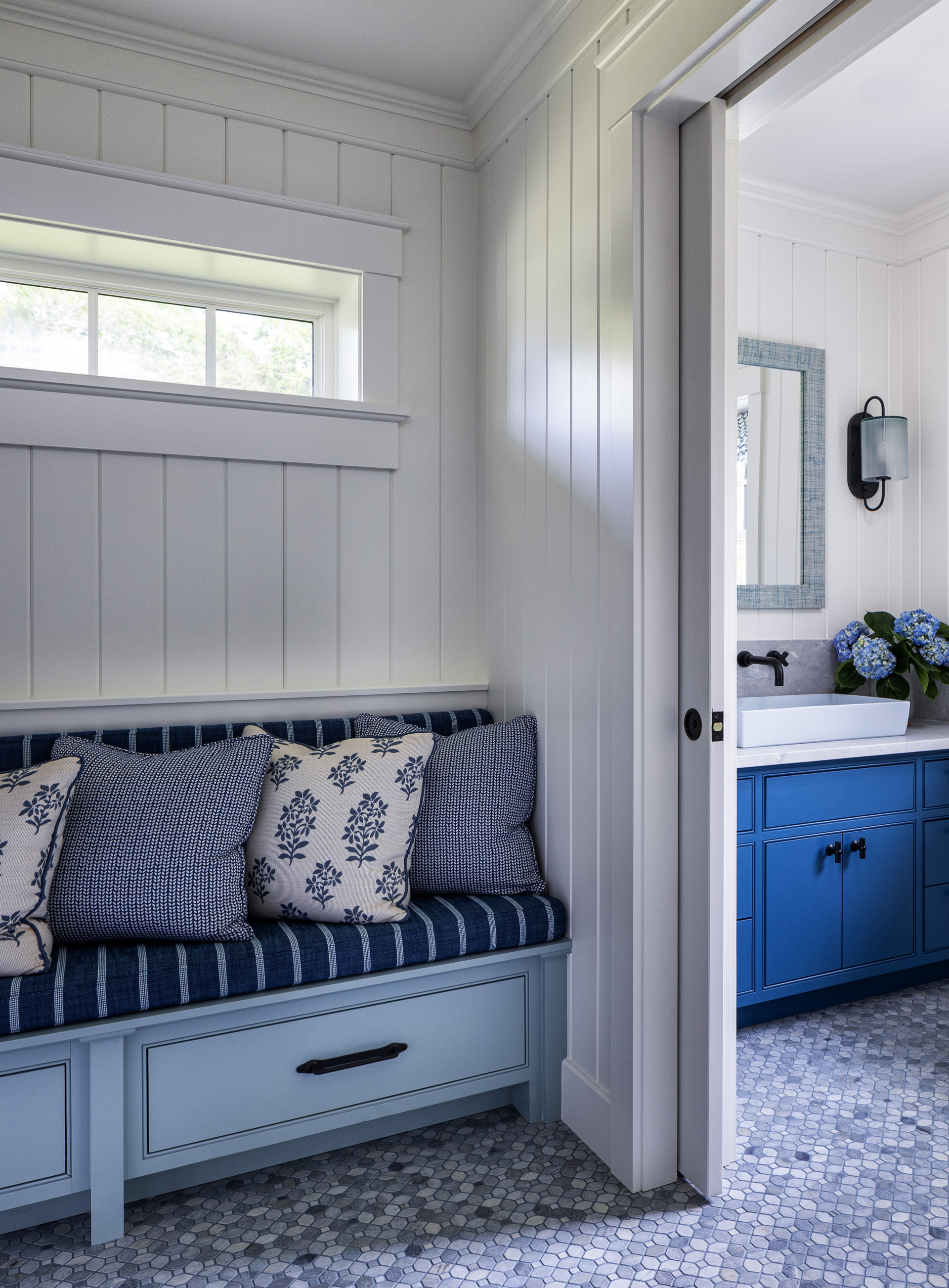 A poolhouse bathroom entryway in Rhode Island by Taste Design